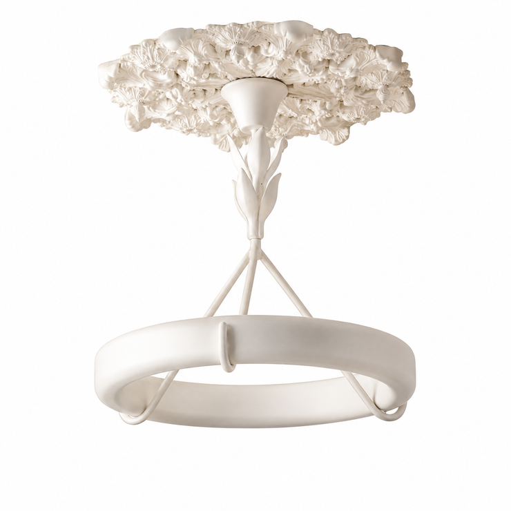White tree-inspired chandelier with sculpted leaves and circular ring shade, hanging on arms