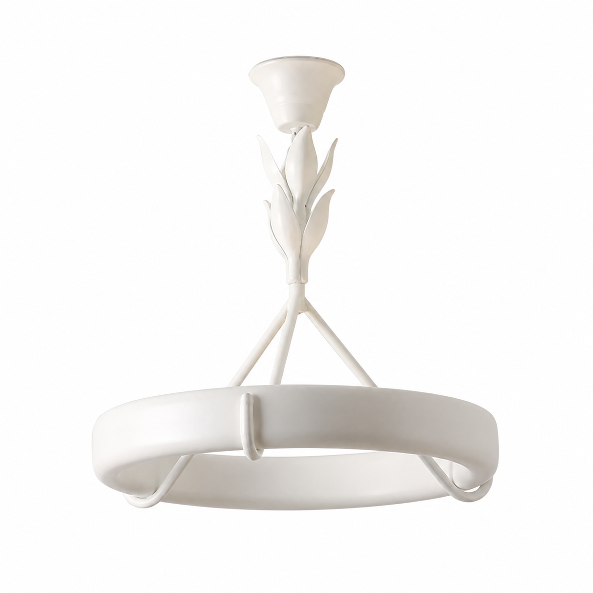 White tree-style chandelier with circular ring shade and branching stem, studio view