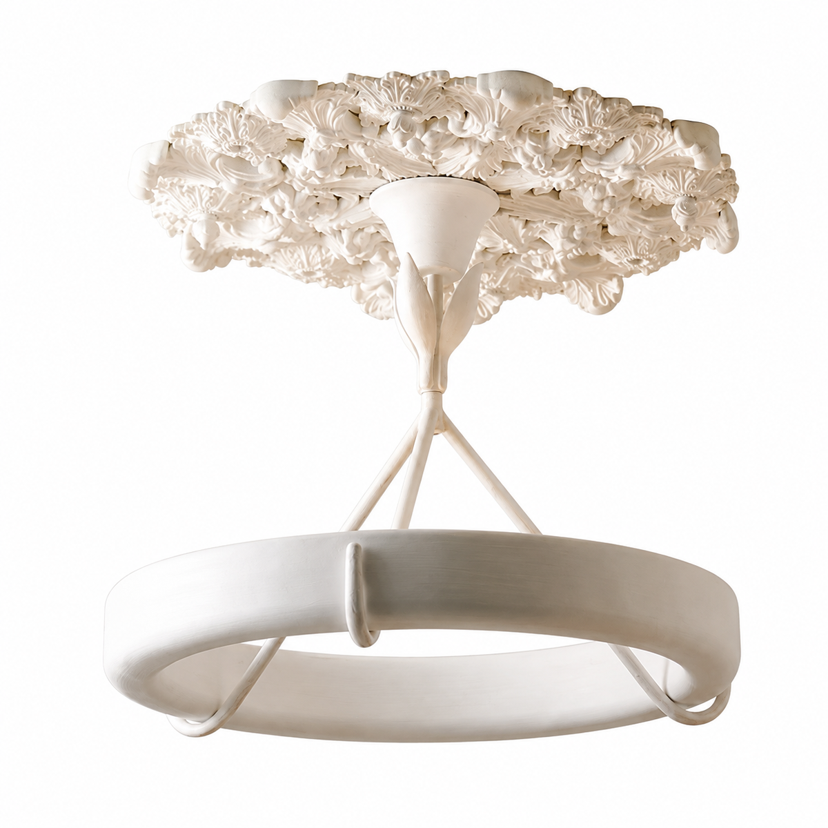 White floral-textured tree chandelier with circular ring shade and tall branching stem