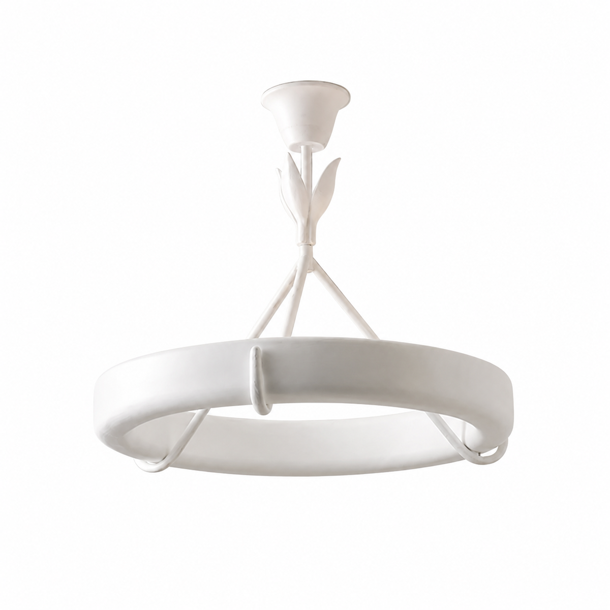 White tree-style chandelier with circular ring shade and three-legged stem