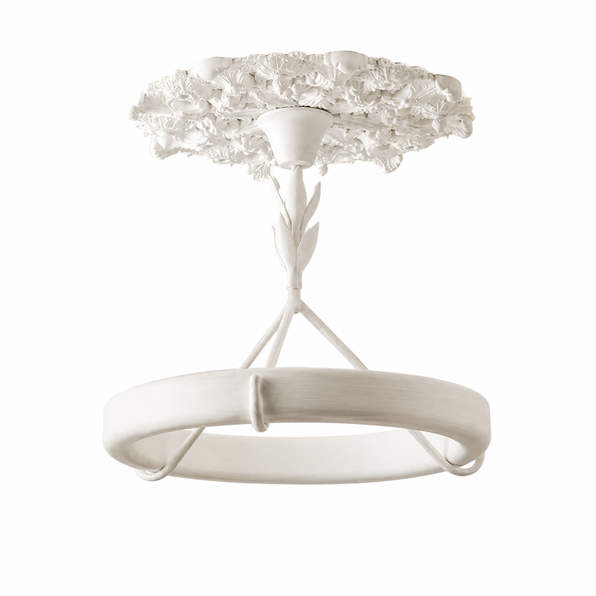 White floral rosette tree chandelier with circular ring shade and tall stem