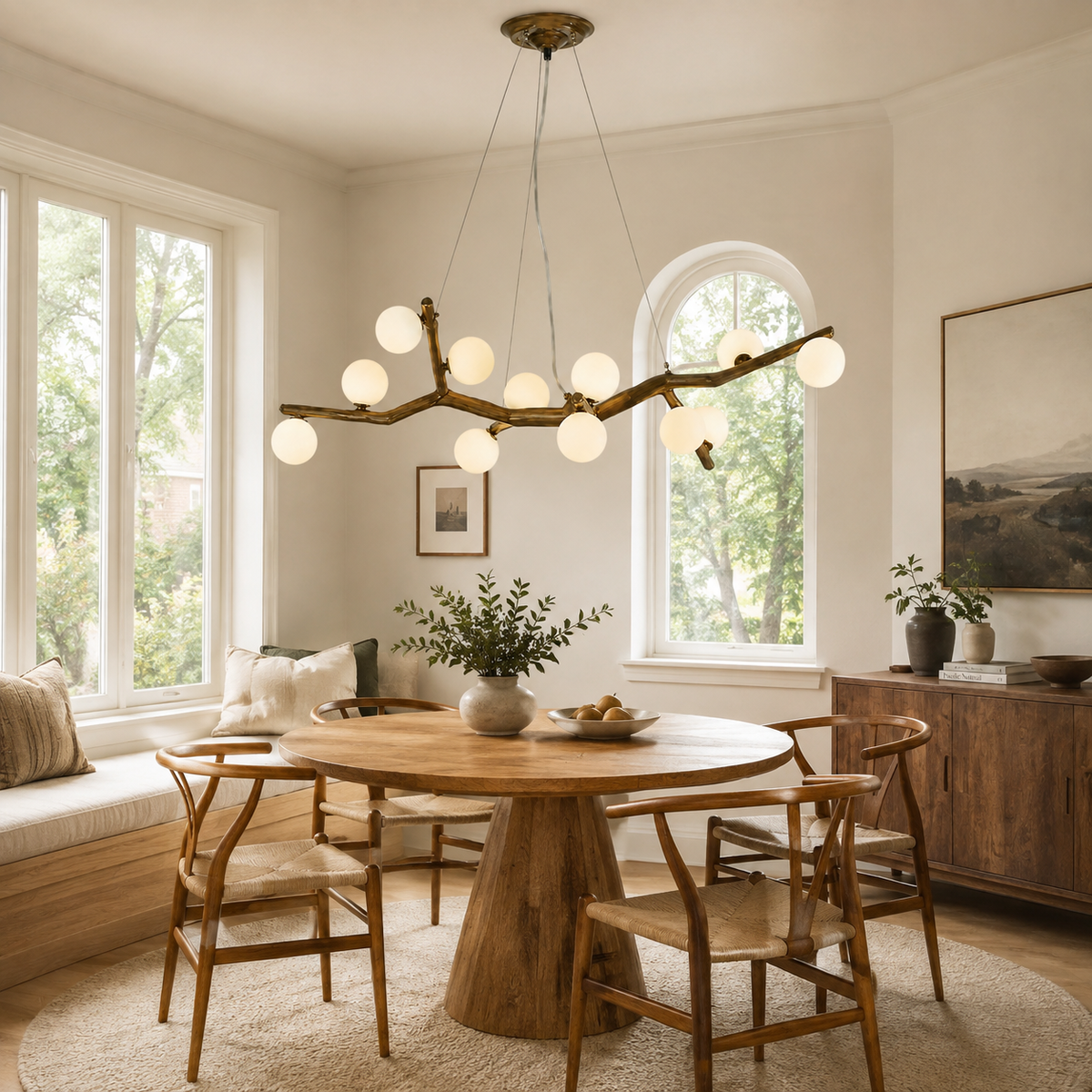 Branch chandelier with round glass globe lights and a hanging canopy ceiling mount