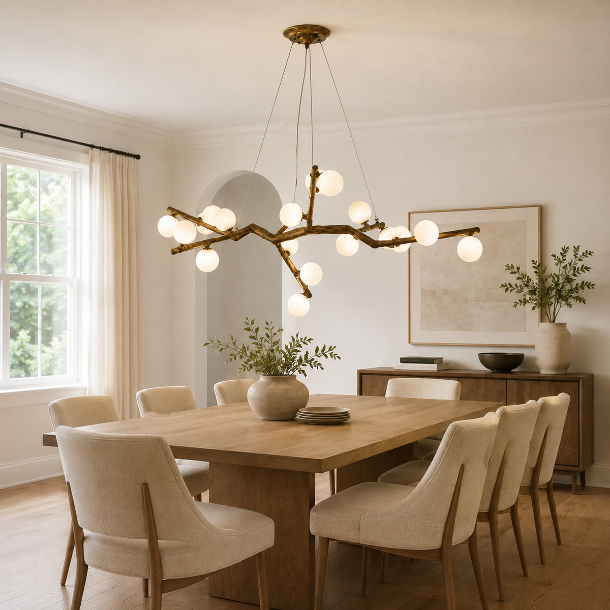 Branch chandelier with dark arms, round white globe bulbs, and round ceiling canopy
