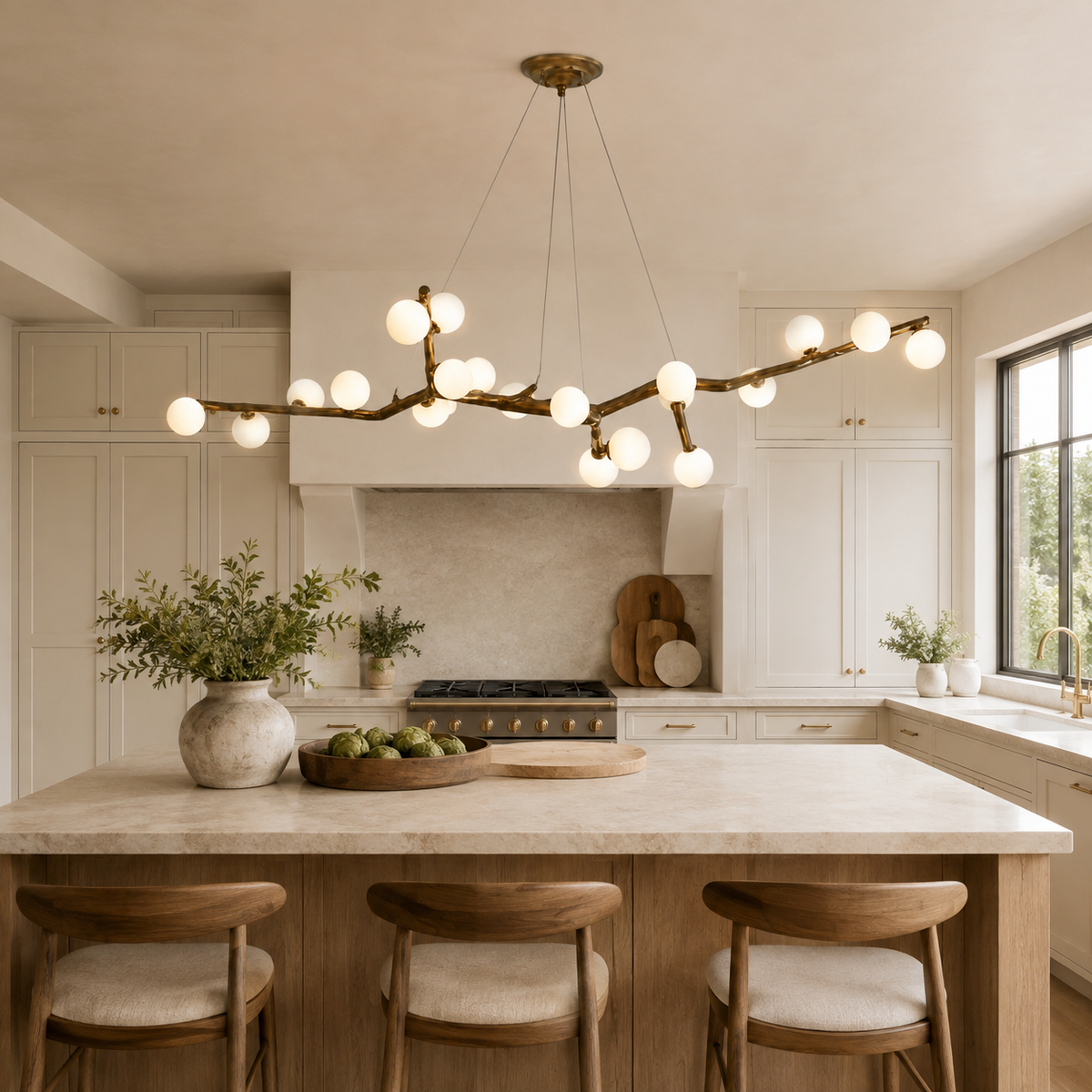 Branch-style chandelier with curved arms and round glass globe bulbs, brass finish