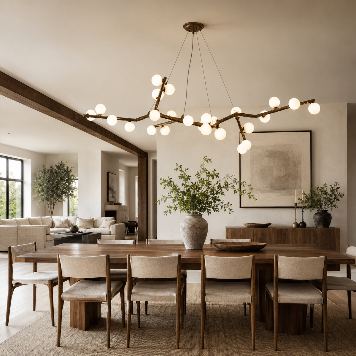 Branch canopy chandelier with glowing globe bulbs and branching metal frame