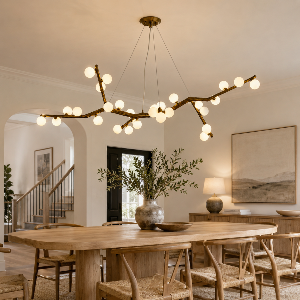 Branch canopy chandelier with multiple round globe bulbs on curved metal arms
