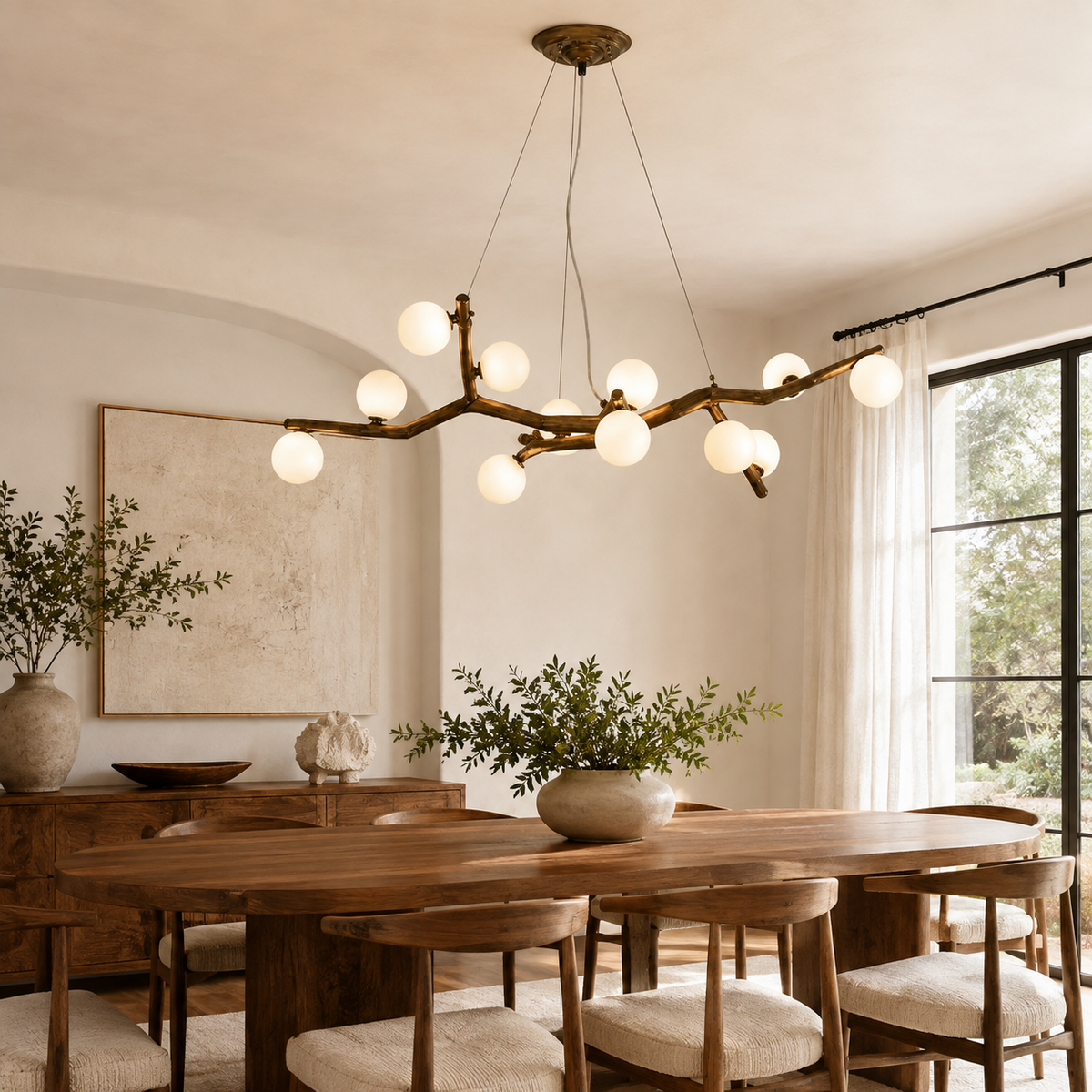 Branch-style chandelier featuring warm globe bulbs and textured dark-gold metal branches