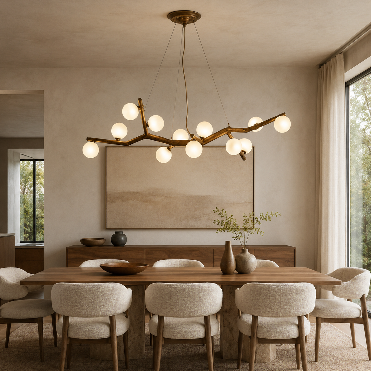 Branch-style hanging chandelier with multiple round globe bulbs on curved arms