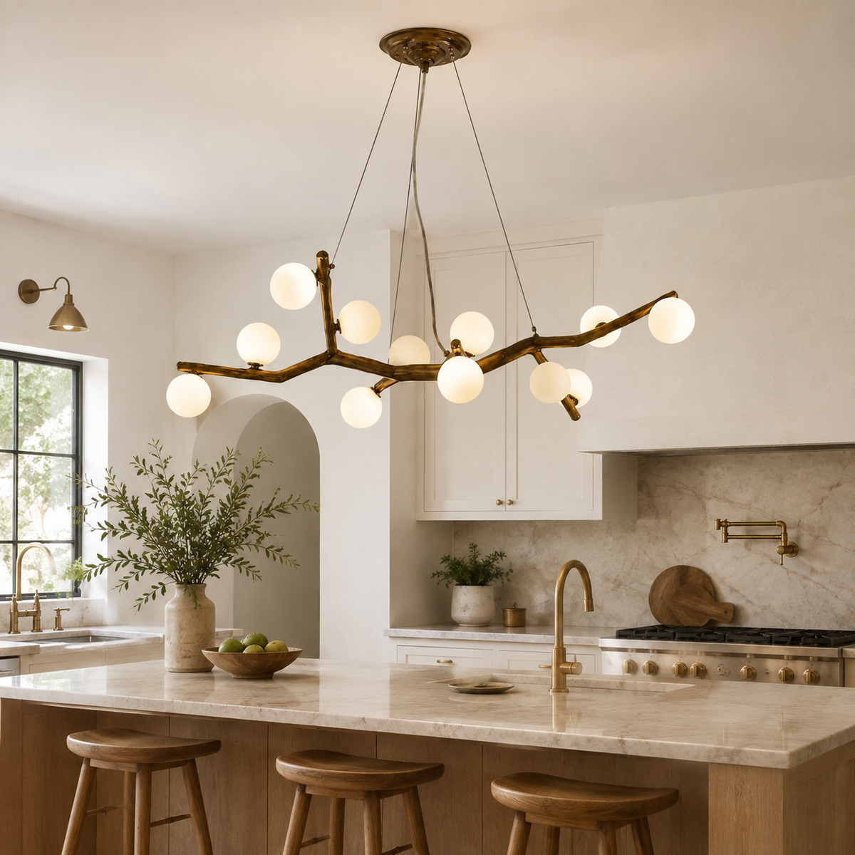 Branch-style chandelier with dark arms, white globe bulbs, and ceiling canopy mount