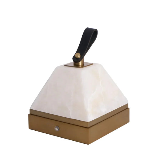 Pyramid alabaster portable table lamp, white pyramid shade, gold base, black switch stem