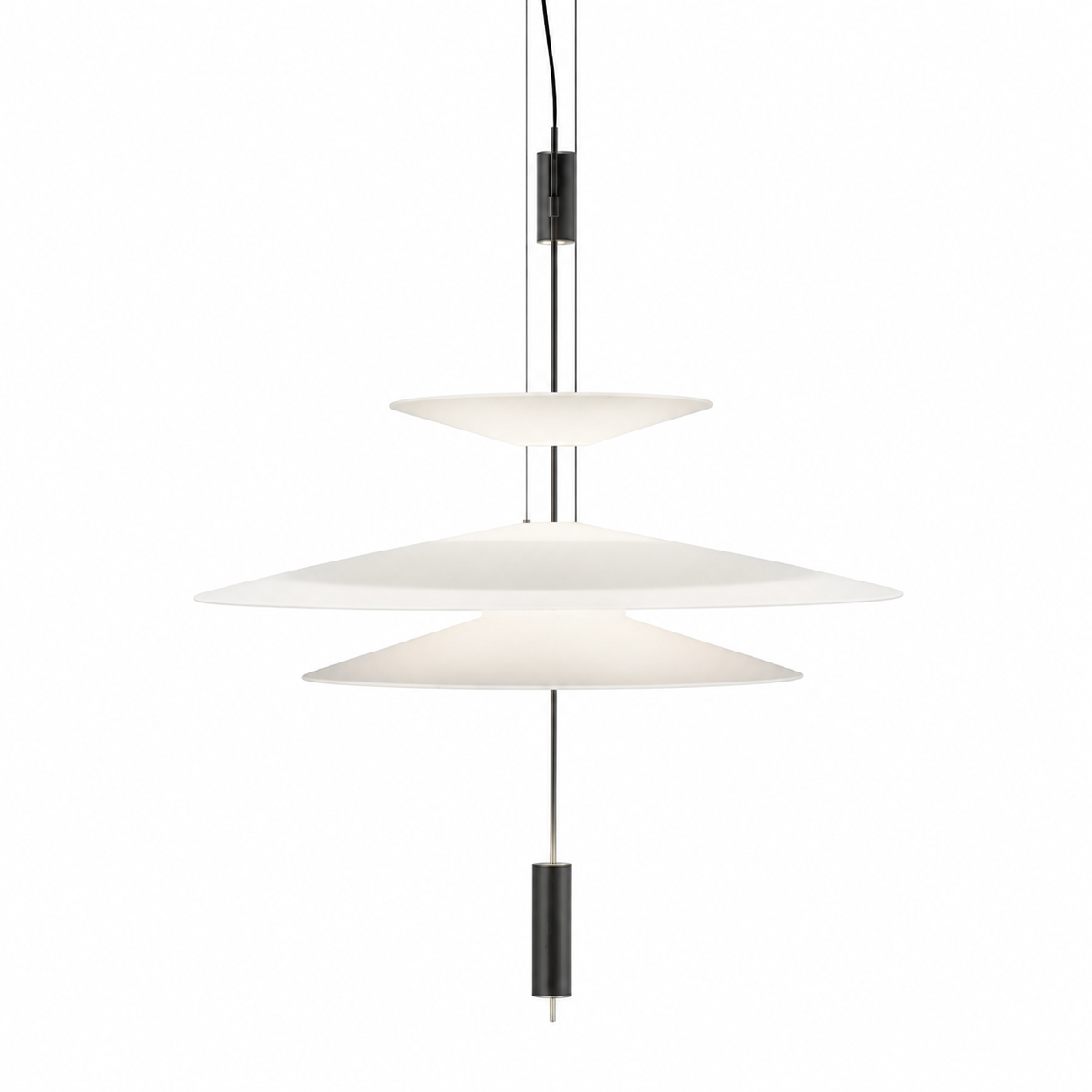 Stacked disc chandelier with three white round shades and black hanging frame
