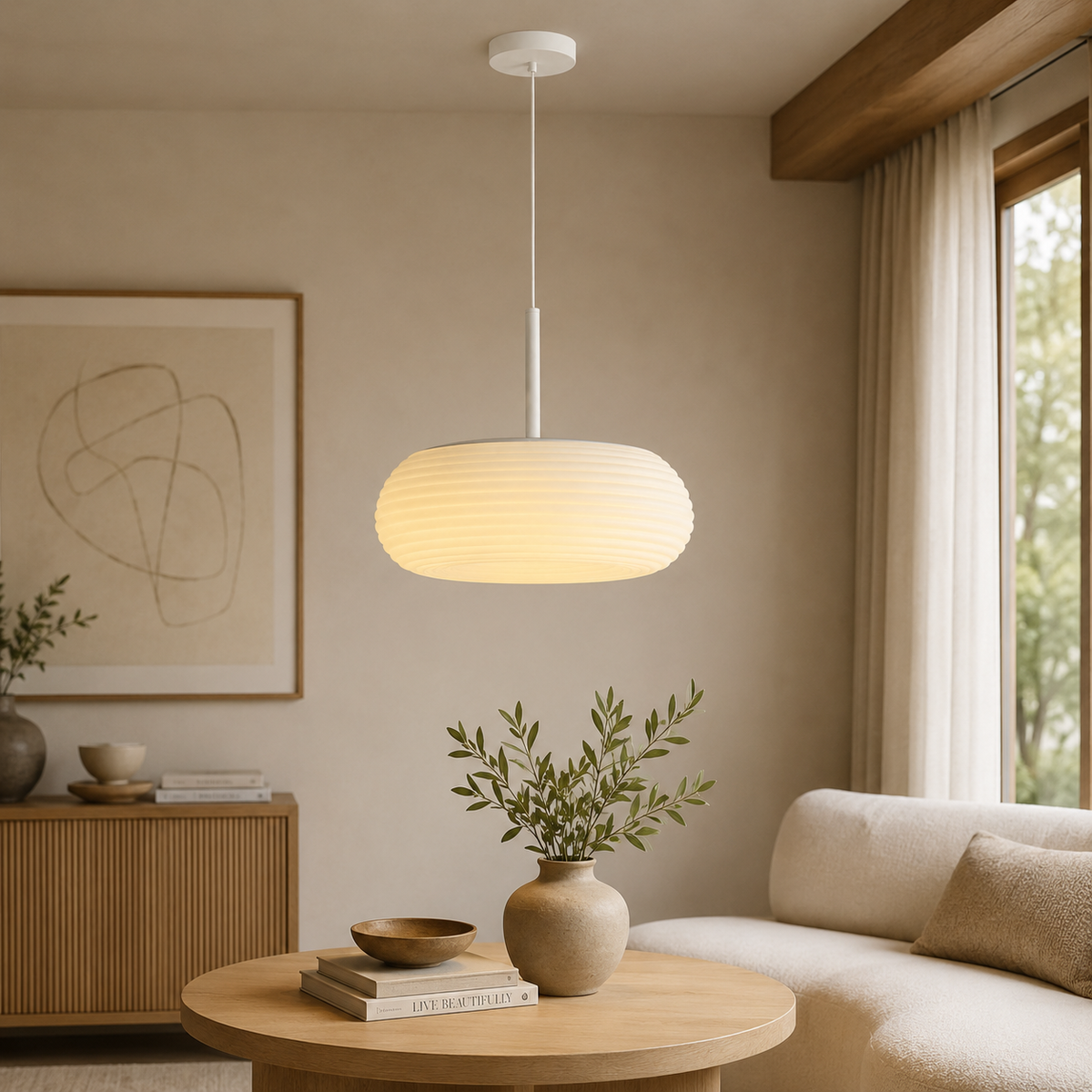 Ribbed white pendant lamp shade with round shape and white mounting canopy
