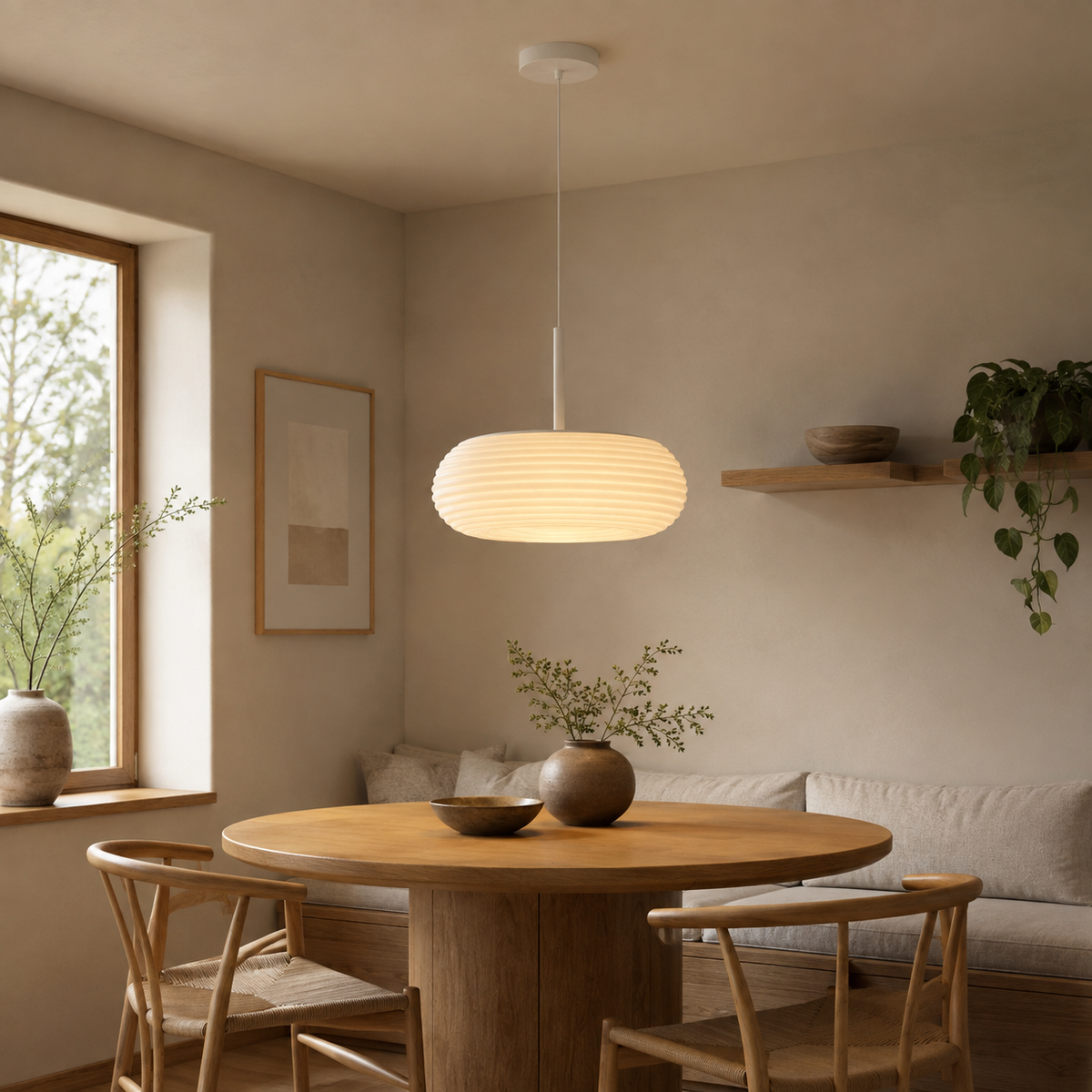 Round ribbed white pendant light hanging over a wooden dining table