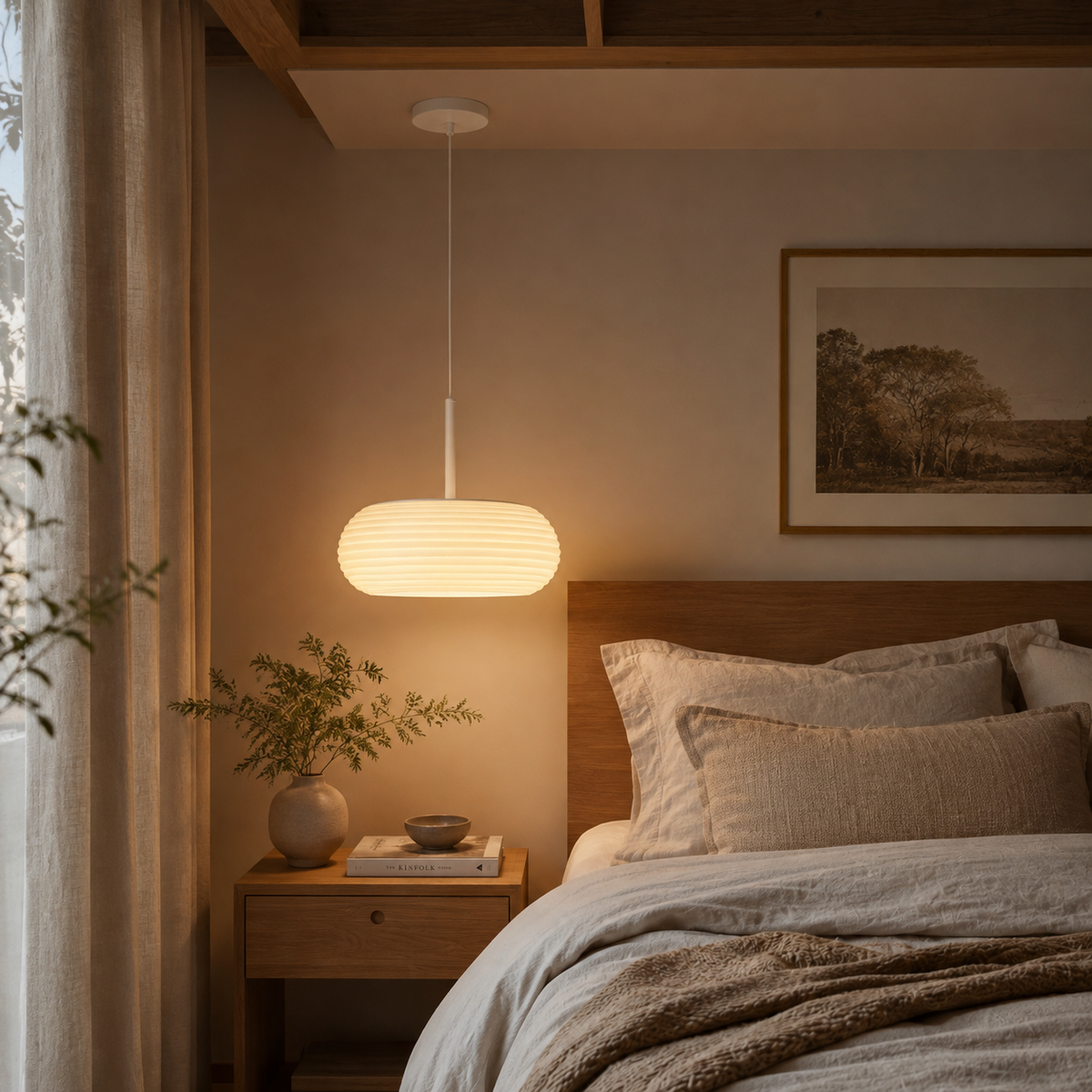 Ribbed white pendant lamp shade above a bed with light-colored bedding