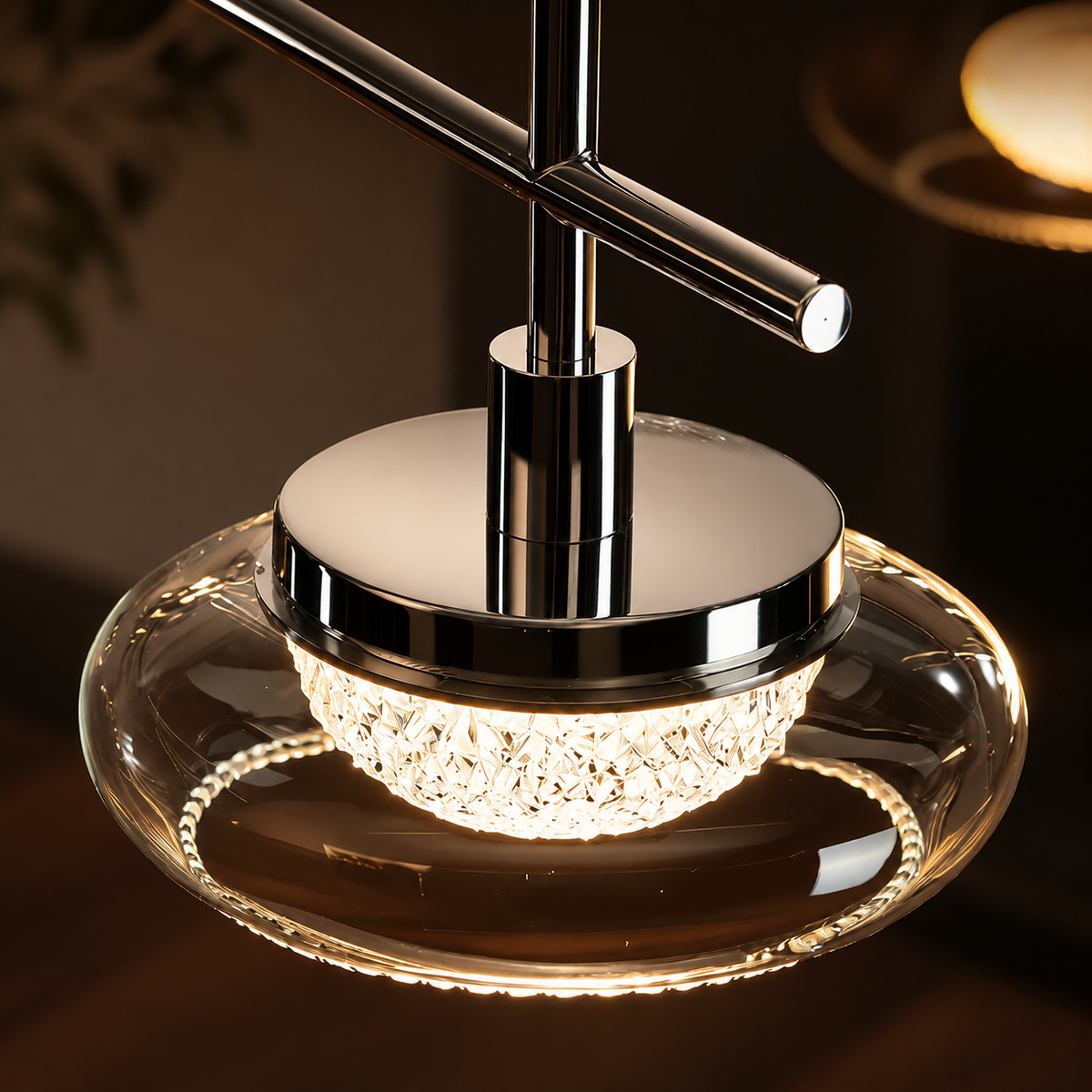 Chrome spider chandelier with round canopy and crystal glass diffuser, warm light
