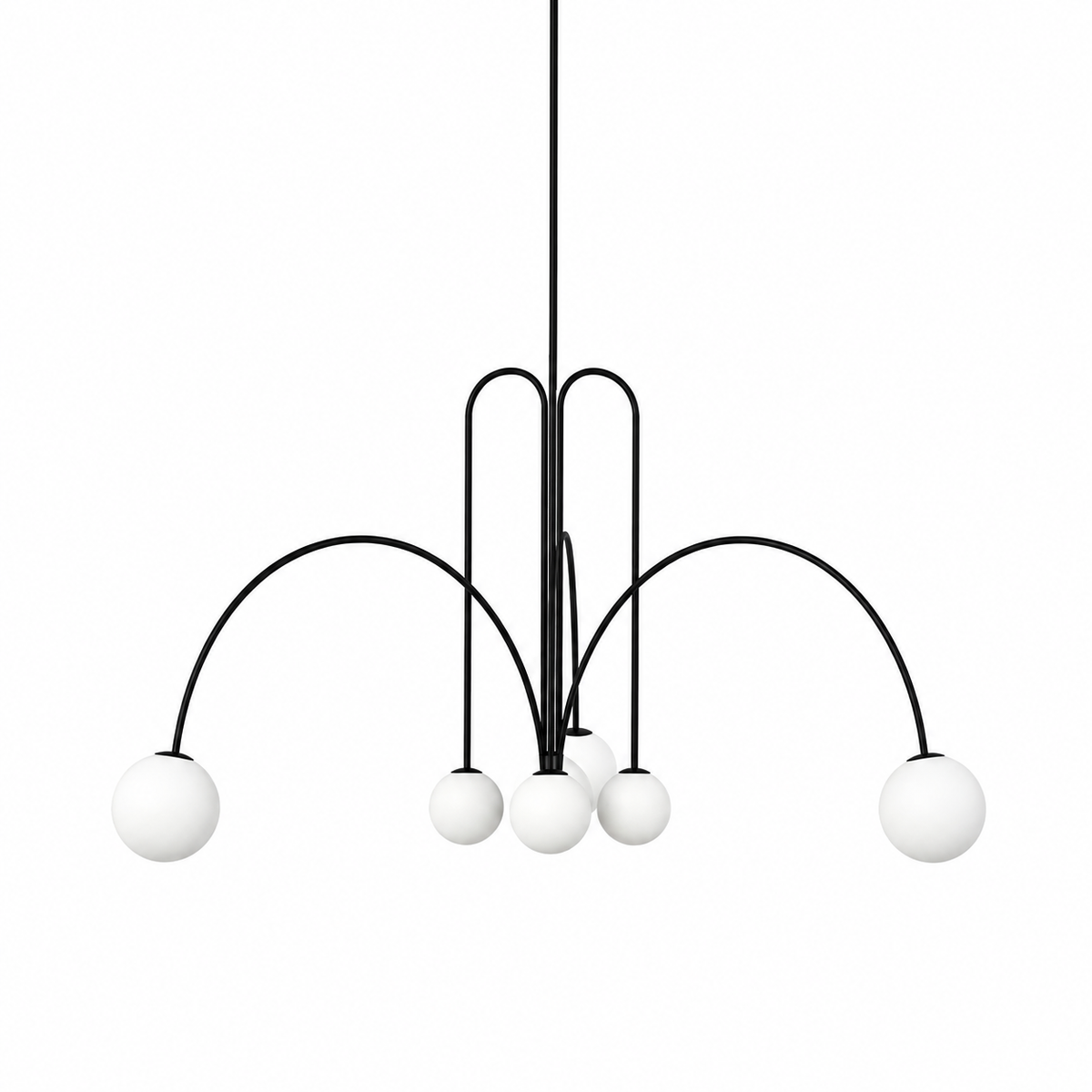 Black multi-arm chandelier with five white globe bulbs and arched metal frame