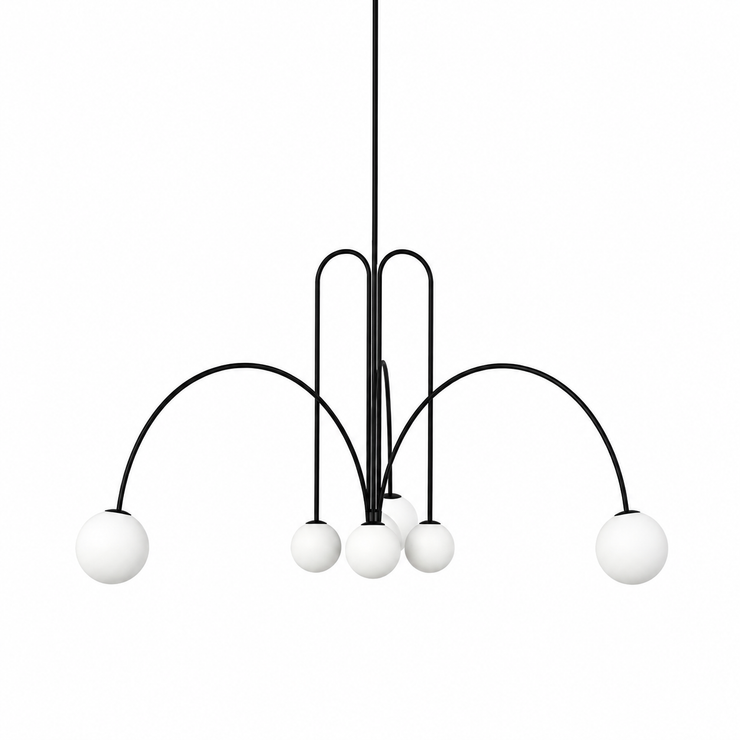 Black multi-arm chandelier with five white globe bulbs and arched metal frame