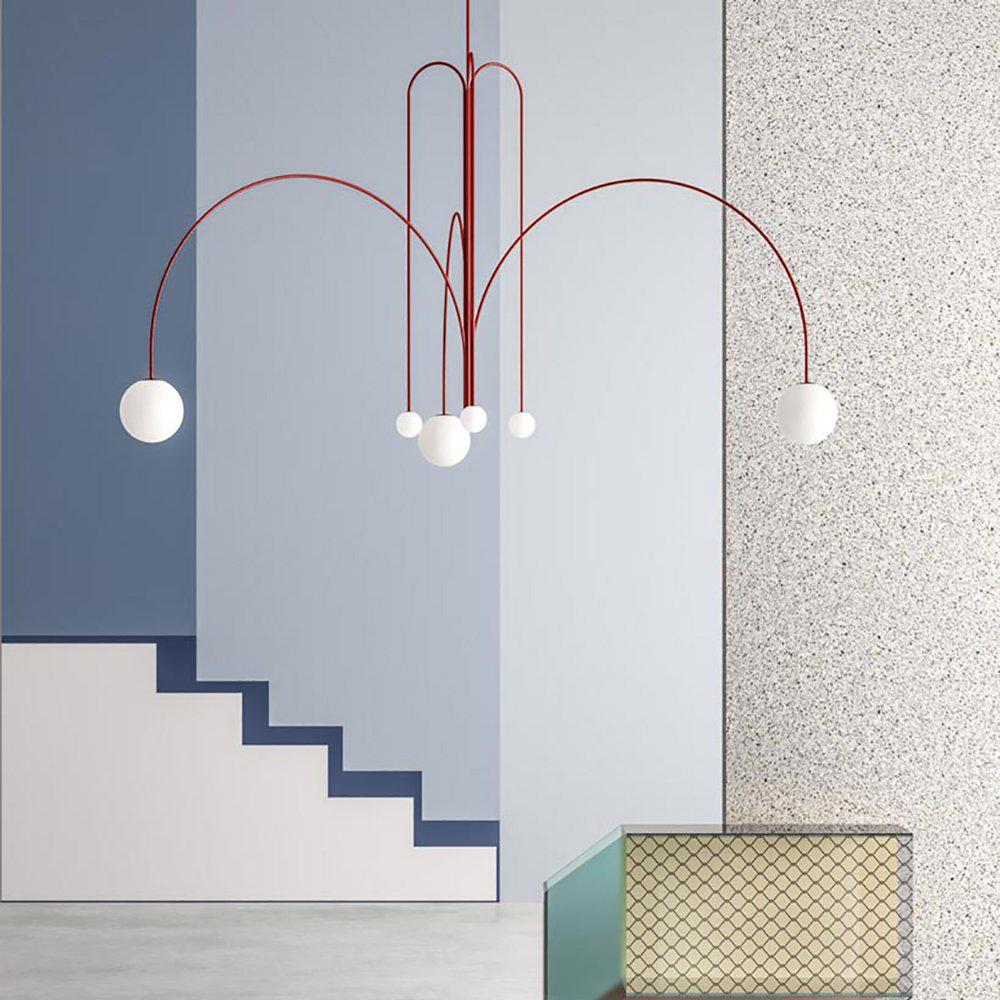 Red multi-arm chandelier with five white globe bulbs and arched metal frame