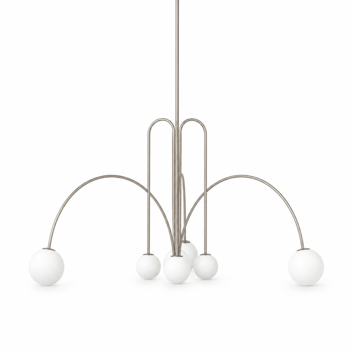 Multi-arm chandelier with nickel metal frame and round orb glass shades