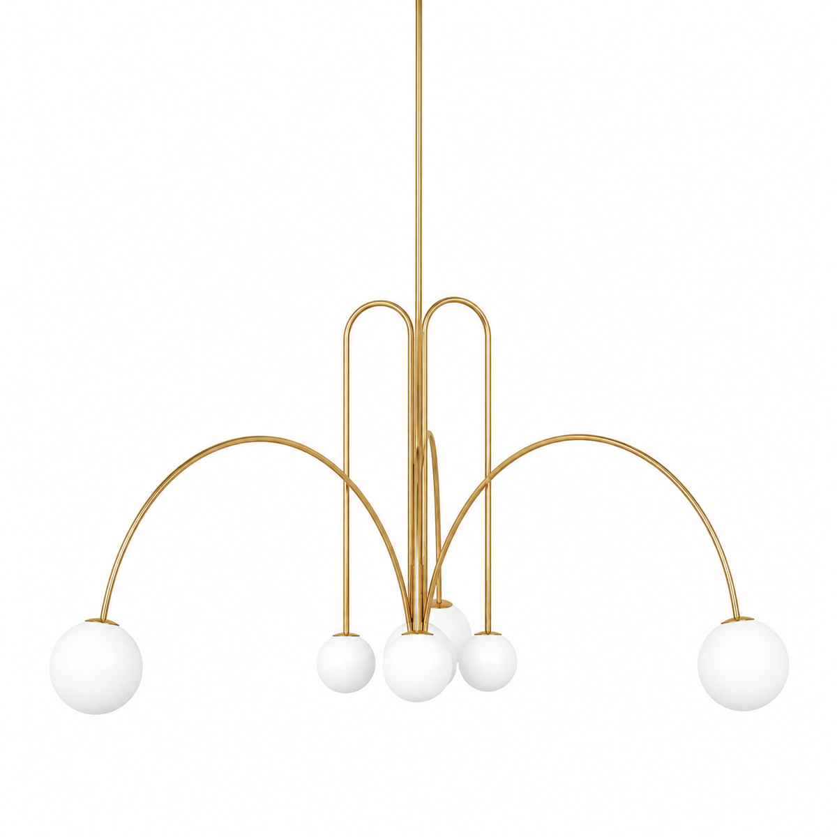 Multi-arm chandelier with copper plated metal frame and round orb glass shades