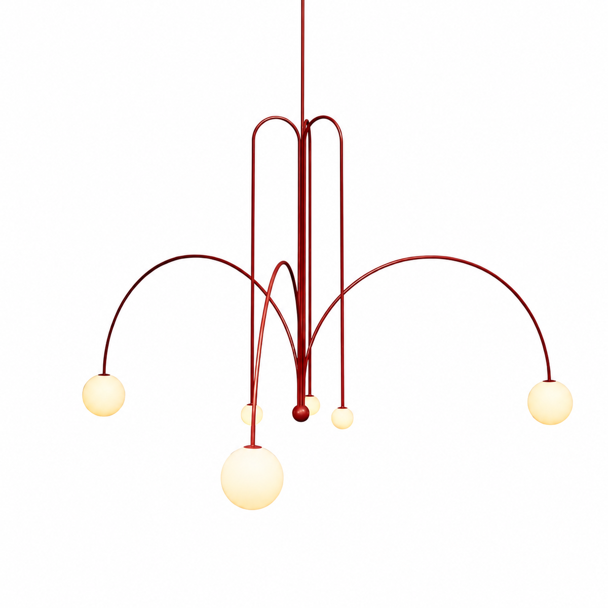 Multi-arm chandelier with red metal frame and five round orb glass shades