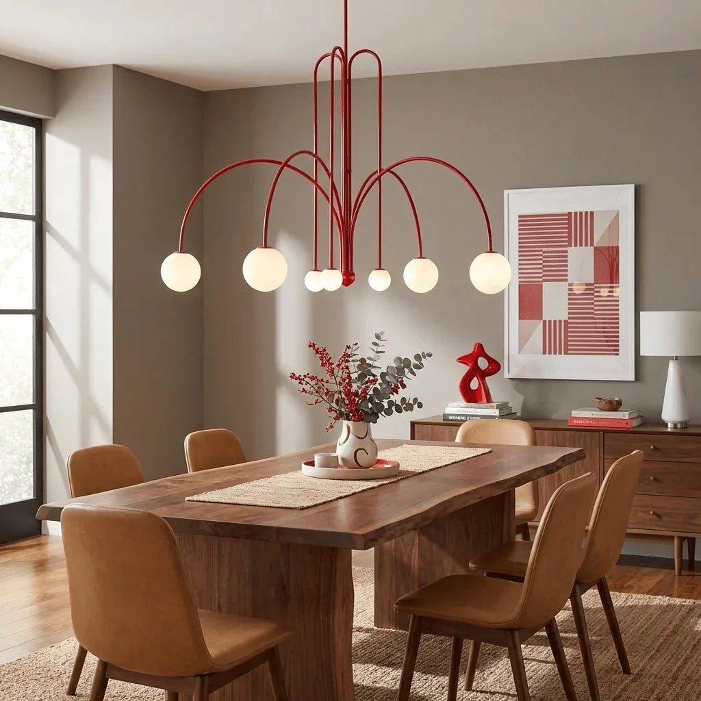 Red multi-arm chandelier with five white globe bulbs and arched metal frame
