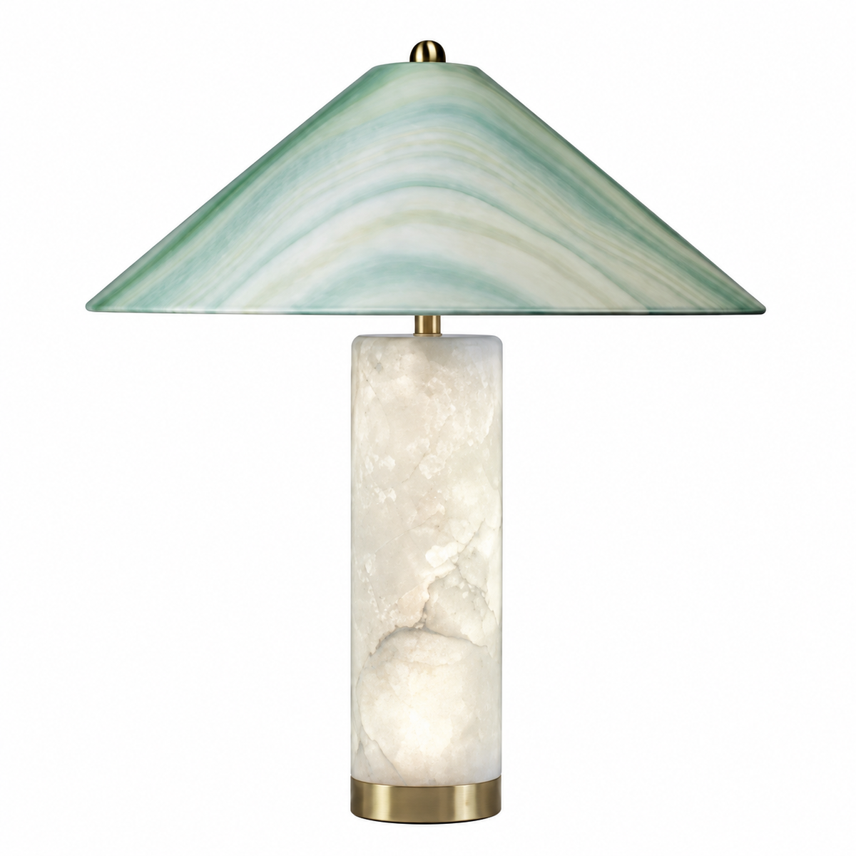 Alabaster column table lamp with green glass shade and brass top and base