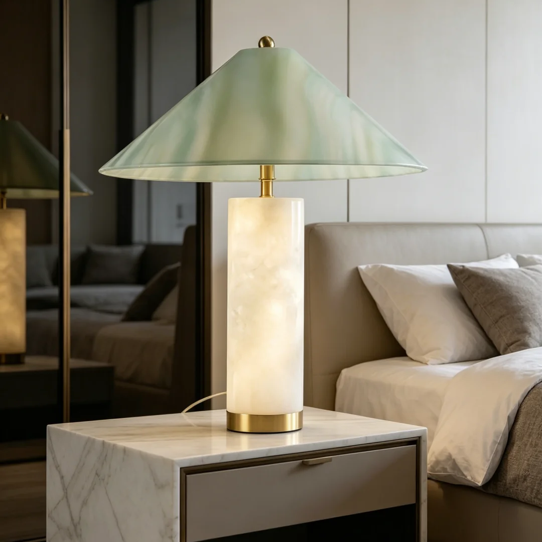 Alabaster column table lamp with pale green fabric shade and brass base