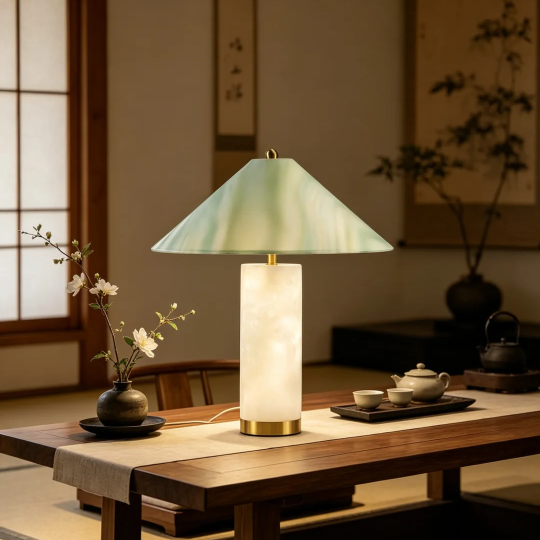 Alabaster column table lamp on a tabletop with green glass drum shade