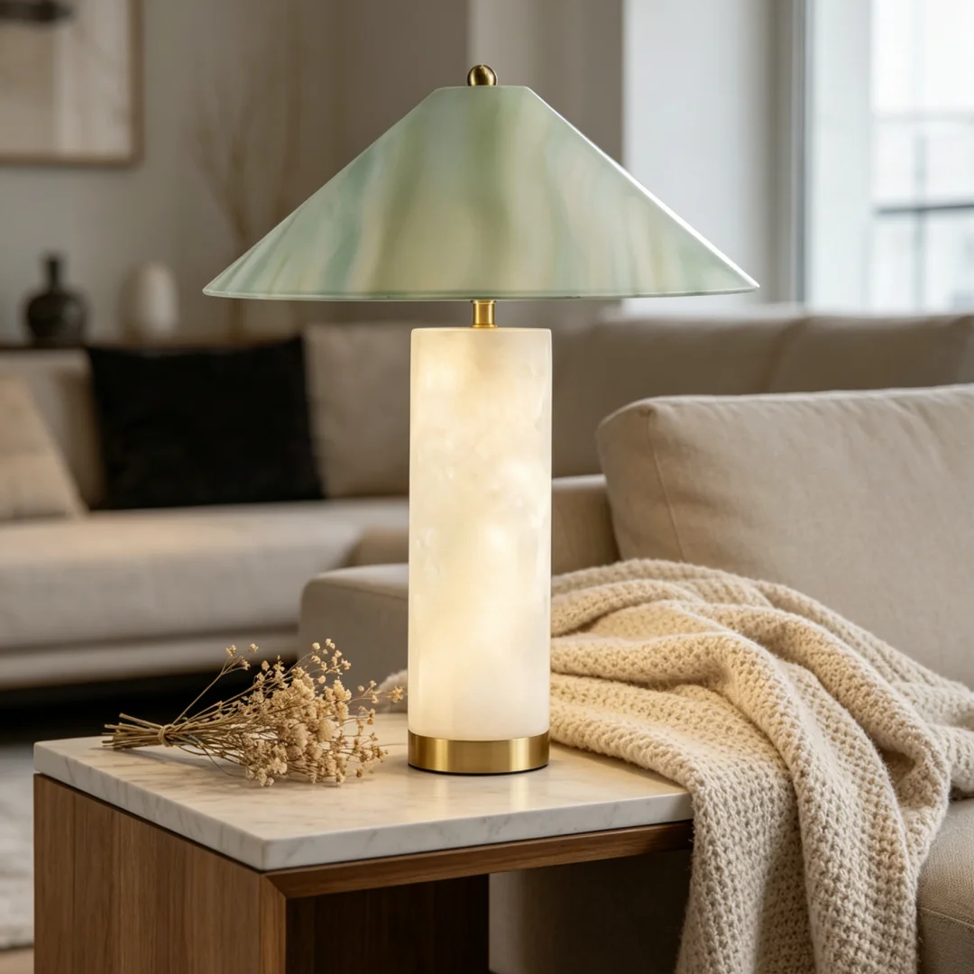 Column table lamp featuring a green glass shade and illuminated alabaster