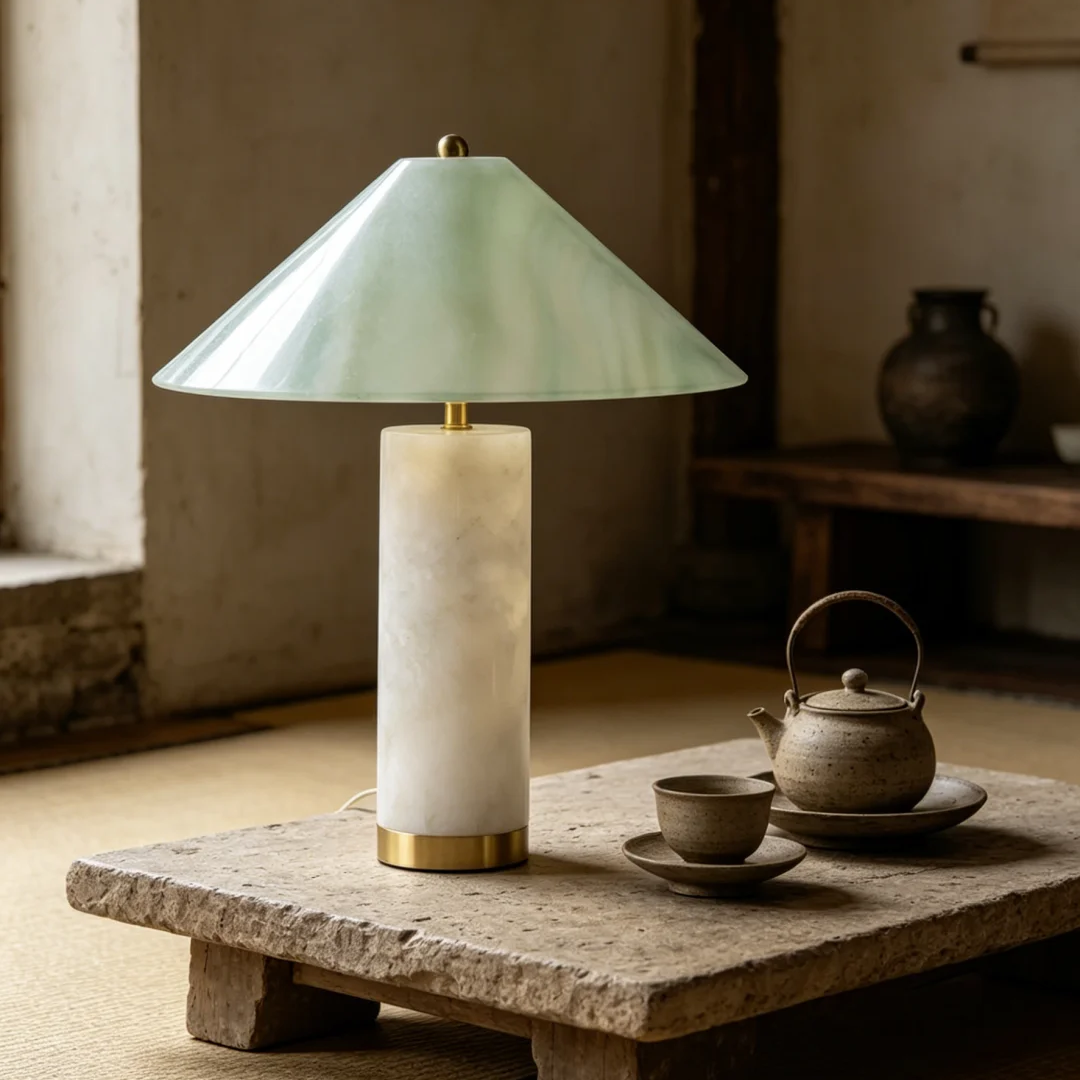 Alabaster column table lamp with green-tinted shade and brass base