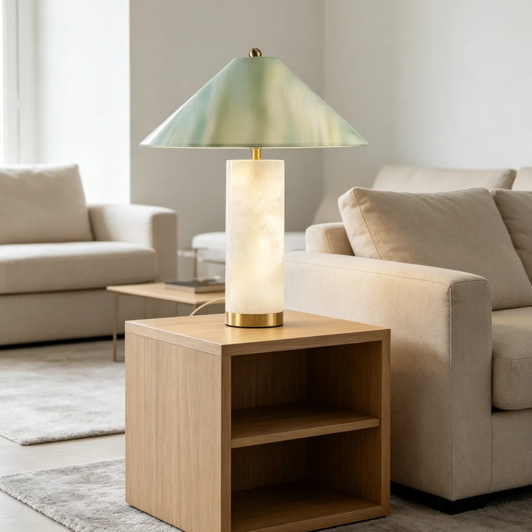Alabaster column table lamp with pale green fabric shade on wooden nightstand