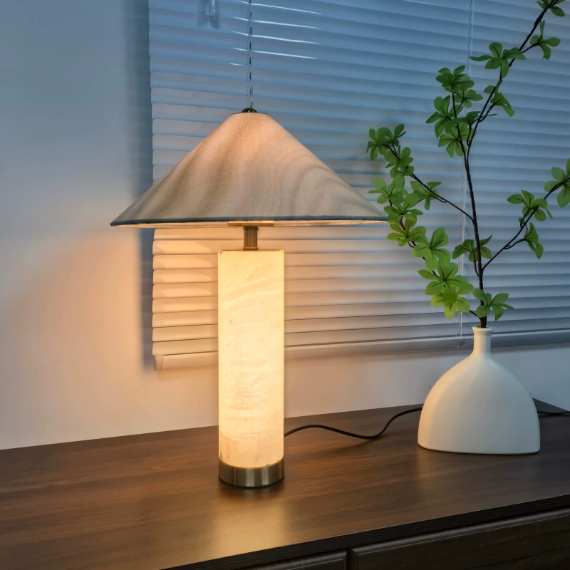 Alabaster column table lamp with fabric shade and brass base accents