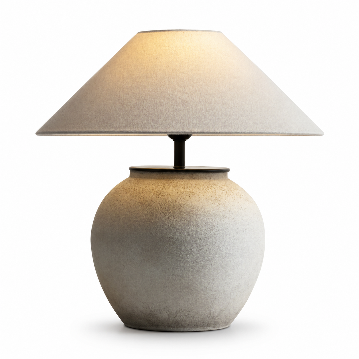 Ceramic table lamp with light stone ceramic base and beige fabric drum shade