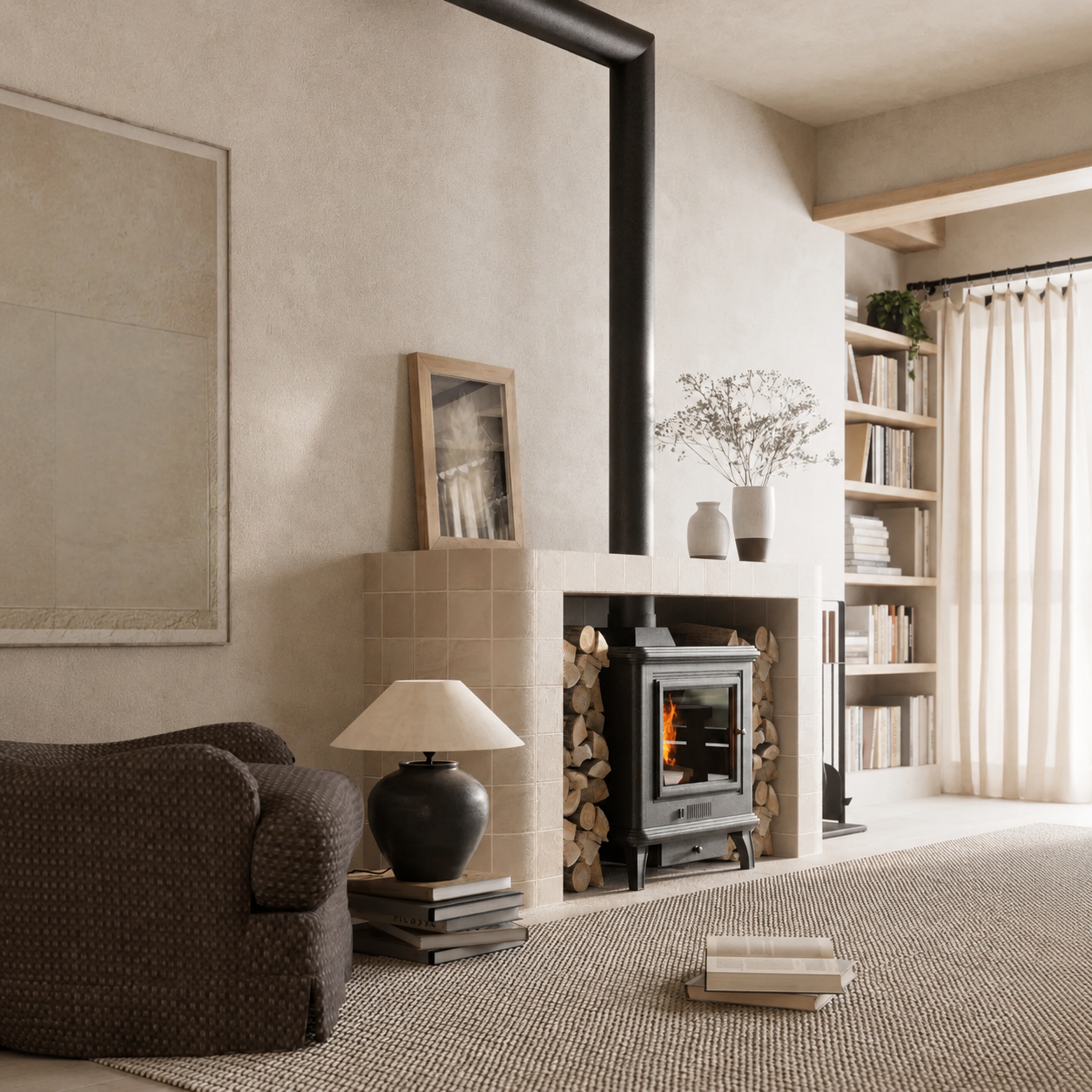 Ceramic table lamp with dark ceramic base and beige fabric drum shade on a side table