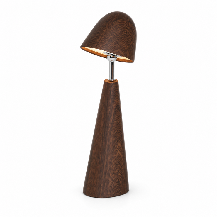 Walnut wood touch table lamp with arched shade and chrome stem base