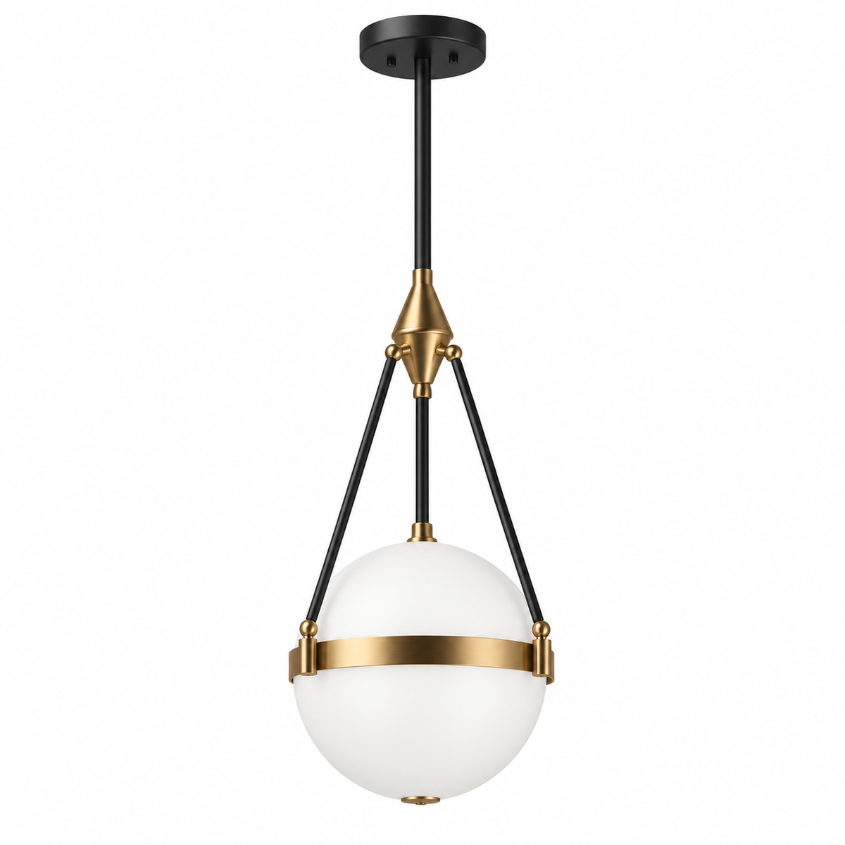 Geometric globe pendant light with white glass sphere, black rods, and gold accents