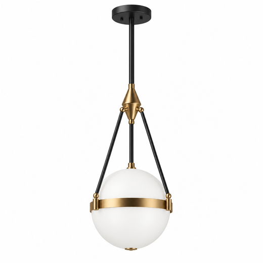 Geometric globe pendant light with white glass sphere, black rods, and gold accents