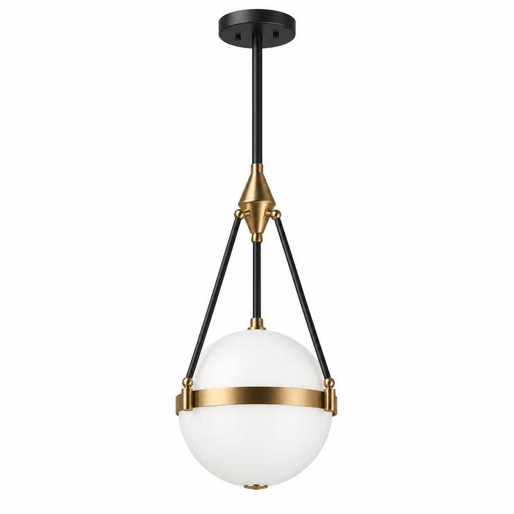 Geometric globe pendant light with white glass sphere, black rods, and gold accents