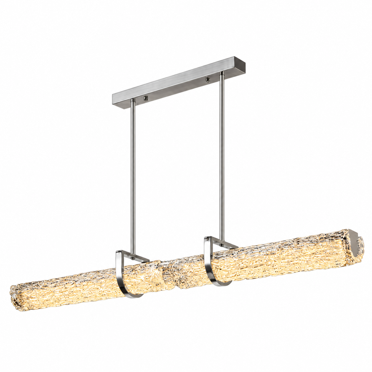 Linear pendant light with frosted textured glass tube and chrome rectangular canopy