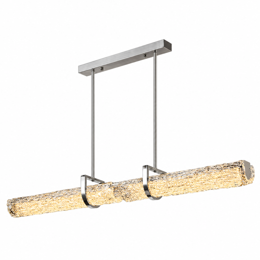 Linear pendant light with frosted textured glass tube and chrome rectangular canopy