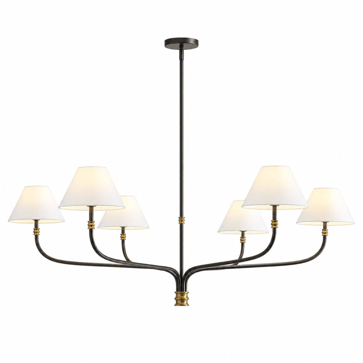 Modern fabric shade chandelier with black arms and cream shades, gold accents, 6 bulbs.