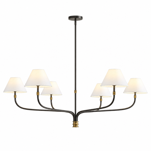 Modern fabric shade chandelier with black arms and cream shades, gold accents, 6 bulbs.