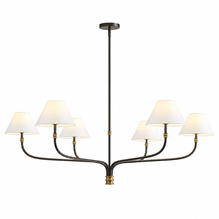 Modern fabric shade chandelier with black arms and cream shades, gold accents, 6 bulbs.