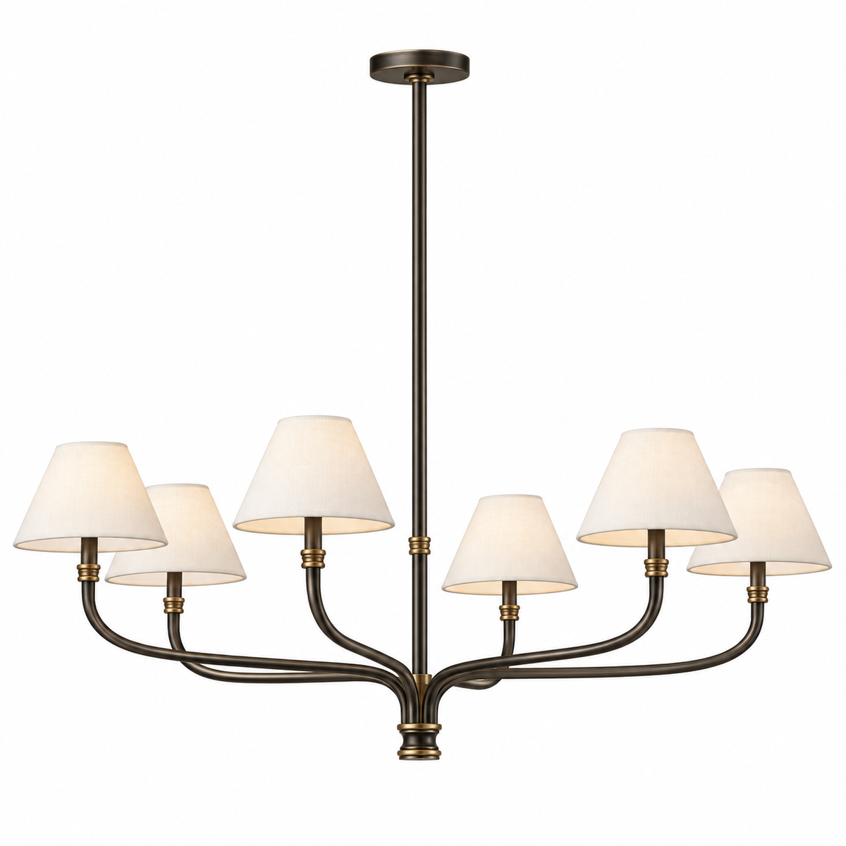 Bronze fabric-shade chandelier with six cream lampshades and curved metal arms