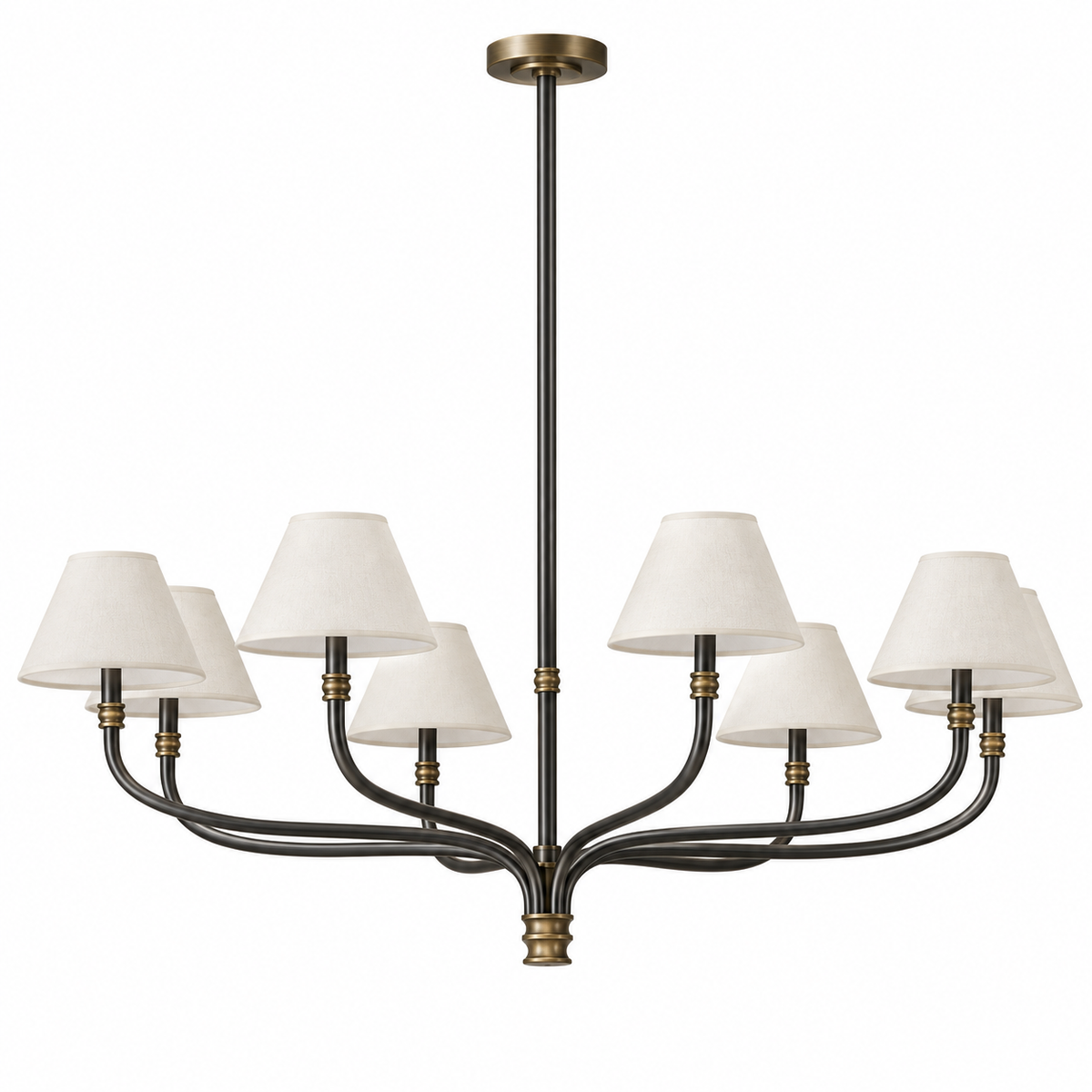 Bronze fabric-shade ceiling chandelier with six cream shades on sweeping U-shaped arms