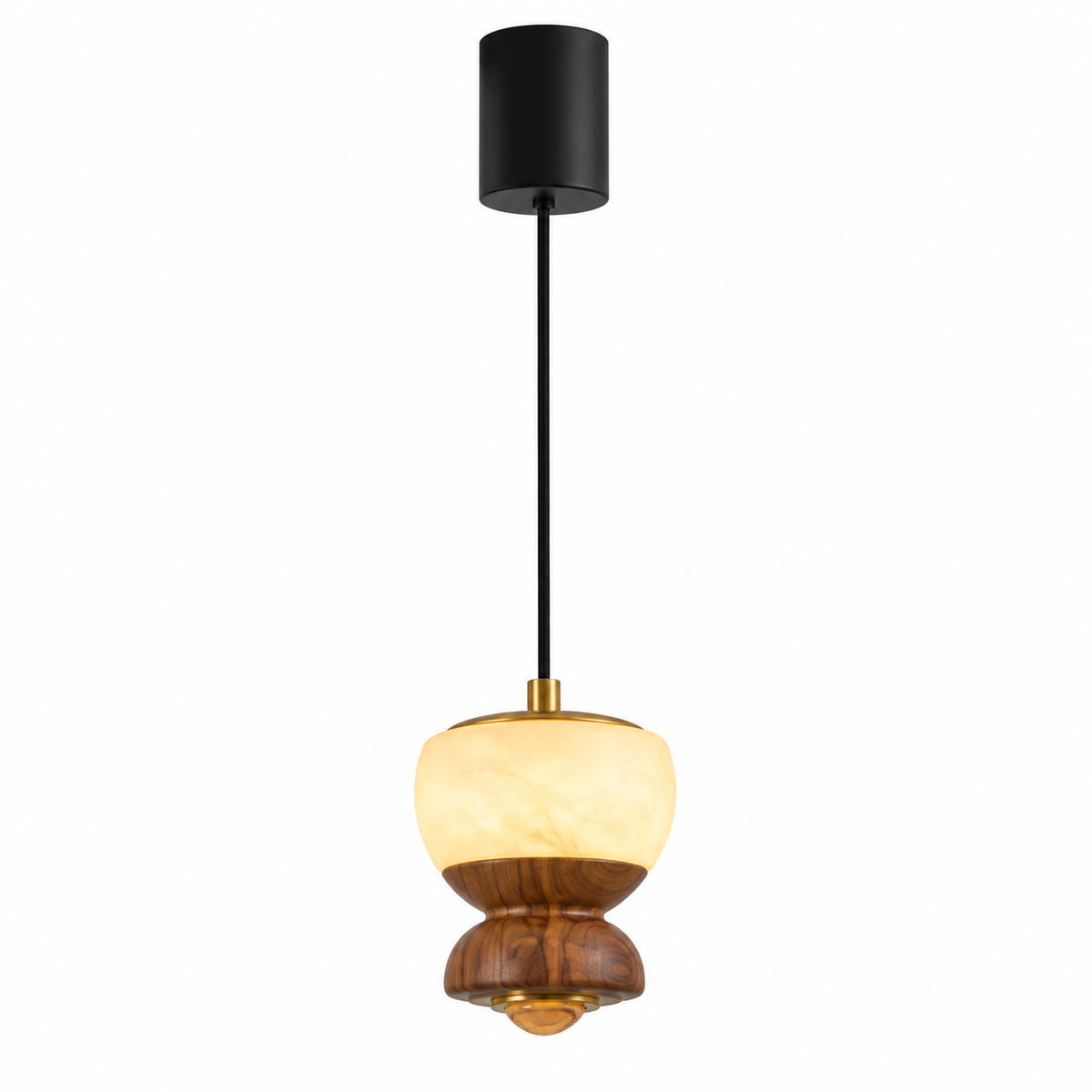 Walnut mini pendant light with frosted glass dome shade