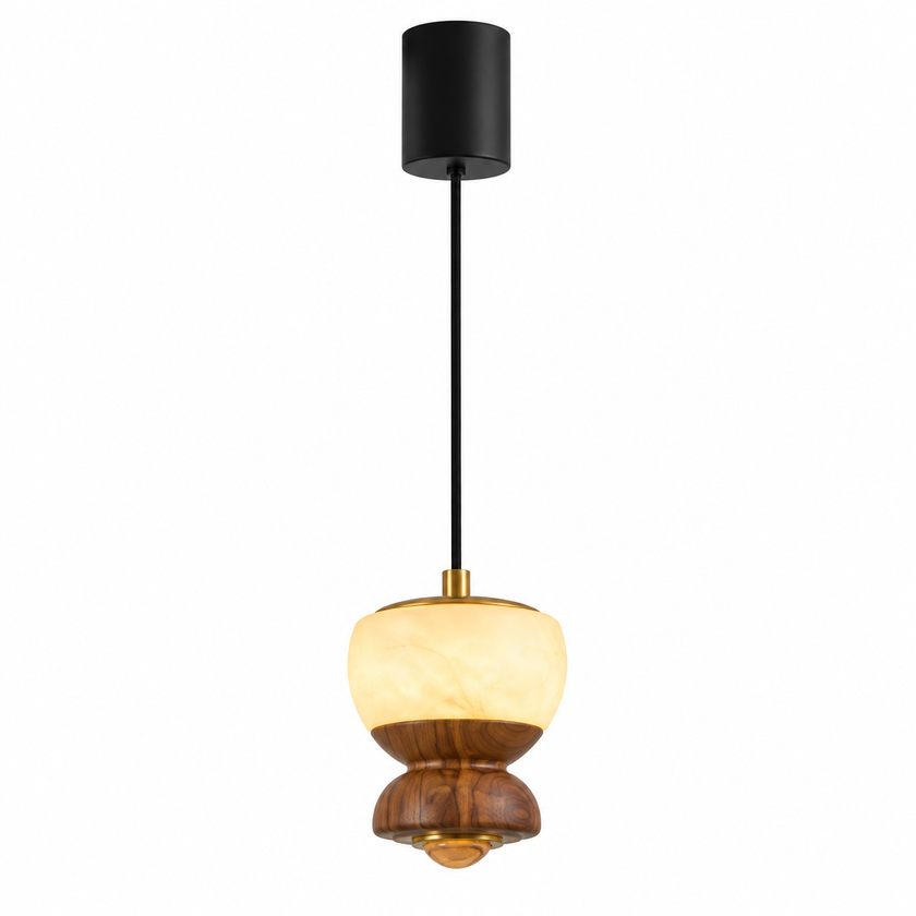 Walnut mini pendant light with frosted glass dome shade