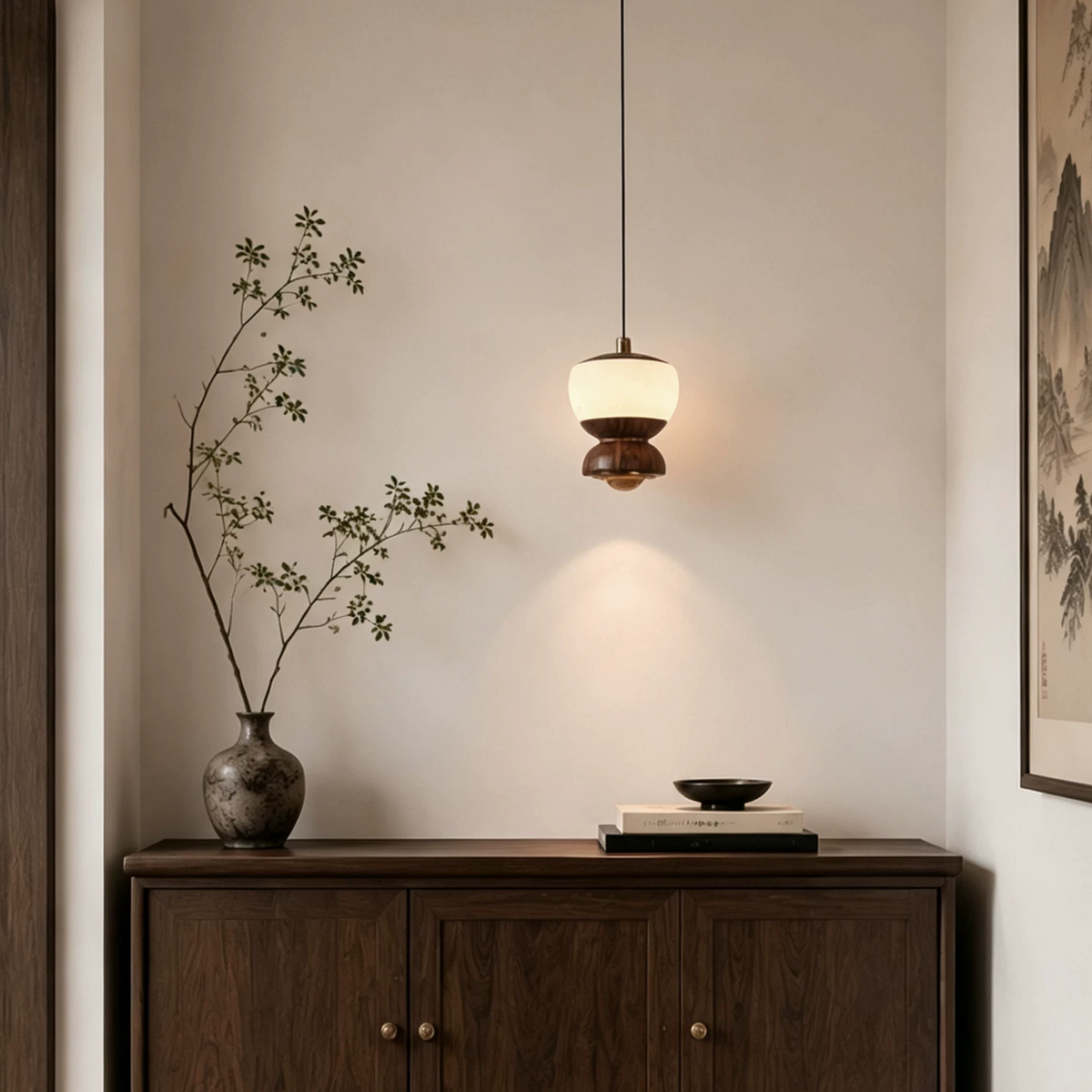 Walnut mini pendant light with frosted glass shade hanging