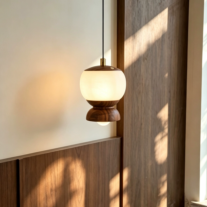 Walnut mini pendant light with frosted glass bell shade